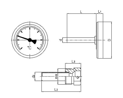 Термометр биметаллический показывающий ТБП-160Т - основные размеры